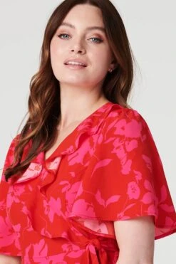 Floral 1/2 Flare Sleeve Wrap Dress -Hallmark Style D168590 RED 5