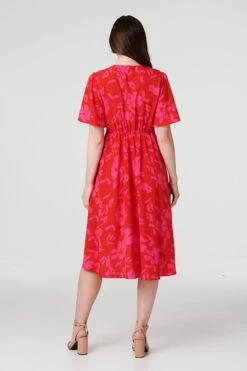 Floral 1/2 Flare Sleeve Wrap Dress -Hallmark Style D168590 RED 6