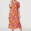 Printed Puff Sleeve Midi Tea Dress -Hallmark Style D168610 MULTI RED 1