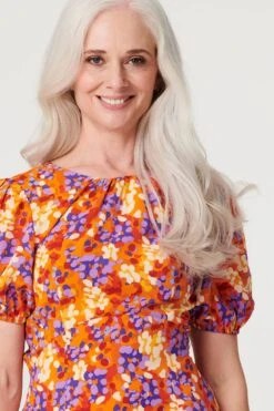 Printed Puff Sleeve Midi Tea Dress 10 Printed Puff Sleeve Midi Tea Dress -Hallmark Style D168610 MULTI RED 3