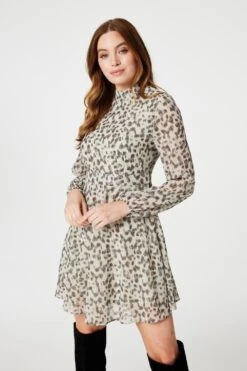 Animal Print High Neck Mini Dress -Hallmark Style D168739 CREAM 2