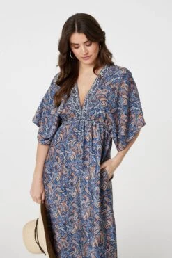 Paisley Print Kimono Sleeve Midi Dress -Hallmark Style D168838 MULTINAVY 3