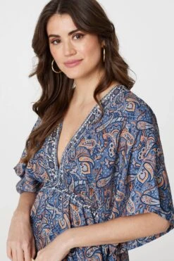 Paisley Print Kimono Sleeve Midi Dress -Hallmark Style D168838 MULTINAVY 4