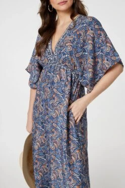 Paisley Print Kimono Sleeve Midi Dress -Hallmark Style D168838 MULTINAVY 6