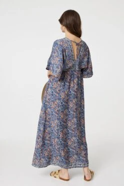 Paisley Print Kimono Sleeve Midi Dress -Hallmark Style D168838 MULTINAVY 7