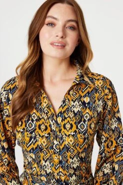 Ikat Print Midi Shirt Dress -Hallmark Style D168967 MUSTARD 3