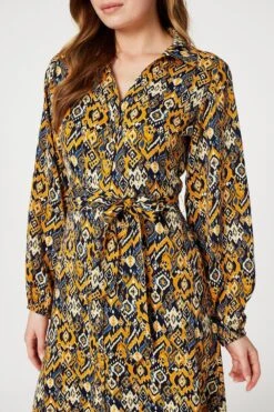 Ikat Print Midi Shirt Dress -Hallmark Style D168967 MUSTARD 4