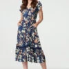 Leaf Print V-Neck Lace Trim Midi Dress -Hallmark Style D168985 MULTI NAVY 1