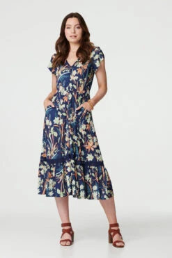 Leaf Print V-Neck Lace Trim Midi Dress