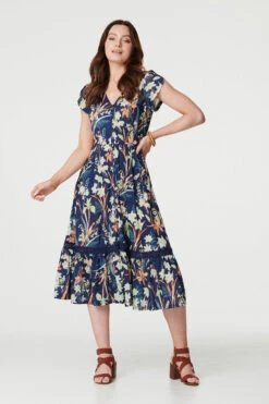 Leaf Print V-Neck Lace Trim Midi Dress -Hallmark Style D168985 MULTI NAVY 2