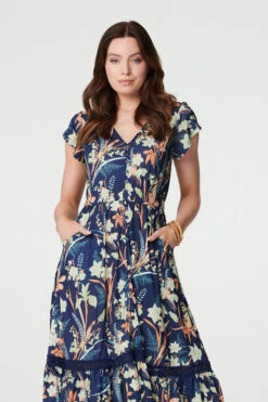 Leaf Print V-Neck Lace Trim Midi Dress -Hallmark Style D168985 MULTI NAVY 3