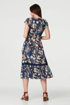 Leaf Print V-Neck Lace Trim Midi Dress -Hallmark Style D168985 MULTI NAVY 6