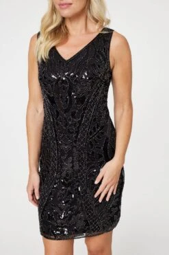 Sequin V-Back Mini Shift Dress -Hallmark Style D169005 BLACK 4