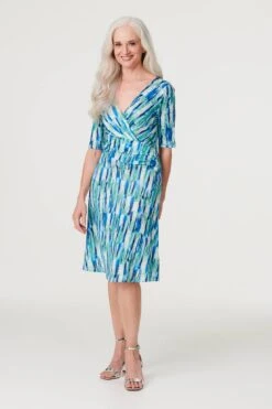 Printed 1/2 Sleeve Faux Wrap Dress 12 Printed 1/2 Sleeve Faux Wrap Dress -Hallmark Style D169086 MULTI GREEN 2