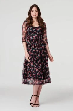 Floral Semi Sheer Ruched Midi Dress -Hallmark Style D169127 MULTI BLACK 1