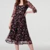 Floral Semi Sheer Ruched Midi Dress -Hallmark Style D169127 MULTI BLACK 2