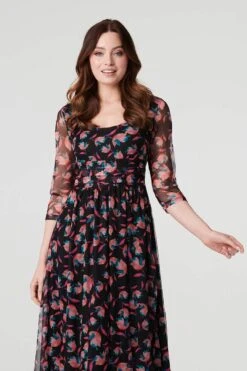 Floral Semi Sheer Ruched Midi Dress -Hallmark Style D169127 MULTI BLACK 3
