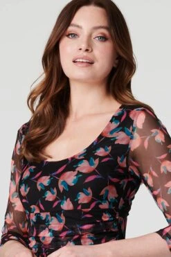 Floral Semi Sheer Ruched Midi Dress -Hallmark Style D169127 MULTI BLACK 6