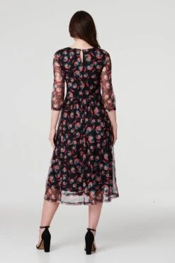 Floral Semi Sheer Ruched Midi Dress -Hallmark Style D169127 MULTI BLACK 7