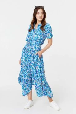 Printed Asymmetric Midi Dress -Hallmark Style D169170 MULTI BLUE 1