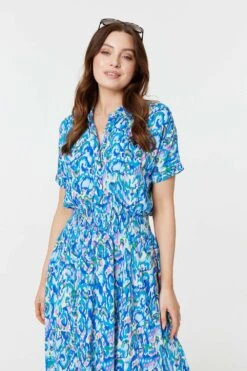 Printed Asymmetric Midi Dress -Hallmark Style D169170 MULTI BLUE 2