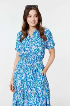 Printed Asymmetric Midi Dress -Hallmark Style D169170 MULTI BLUE 3