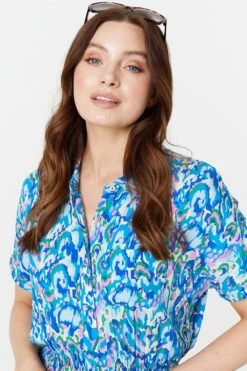 Printed Asymmetric Midi Dress -Hallmark Style D169170 MULTI BLUE 4