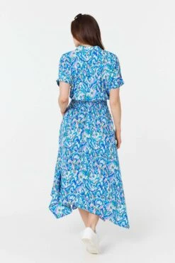 Printed Asymmetric Midi Dress -Hallmark Style D169170 MULTI BLUE 6
