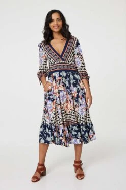 Floral Border Print V-Neck Midi Dress -Hallmark Style D169171 MULTI NAVY 1