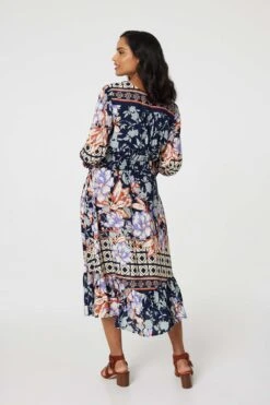Floral Border Print V-Neck Midi Dress -Hallmark Style D169171 MULTI NAVY 2