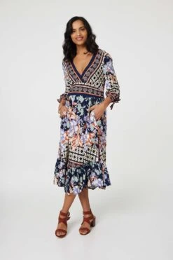 Floral Border Print V-Neck Midi Dress -Hallmark Style D169171 MULTI NAVY 3
