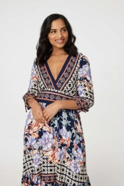 Floral Border Print V-Neck Midi Dress -Hallmark Style D169171 MULTI NAVY 4
