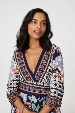 Floral Border Print V-Neck Midi Dress -Hallmark Style D169171 MULTI NAVY 5