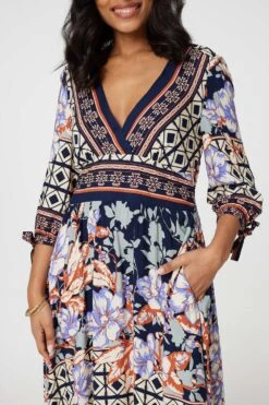 Floral Border Print V-Neck Midi Dress -Hallmark Style D169171 MULTI NAVY 6