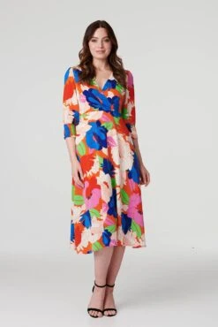 Floral 3/4 Sleeve Midi Dress -Hallmark Style D169179 MULTI RED 1