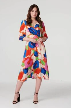 Floral 3/4 Sleeve Midi Dress -Hallmark Style D169179 MULTI RED 2