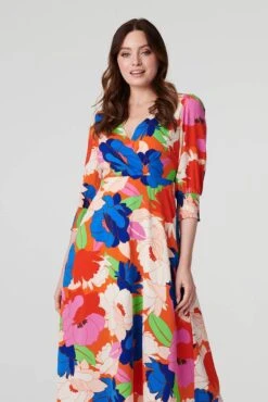 Floral 3/4 Sleeve Midi Dress -Hallmark Style D169179 MULTI RED 3