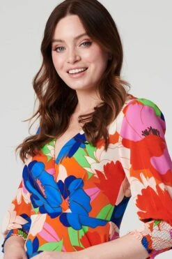 Floral 3/4 Sleeve Midi Dress -Hallmark Style D169179 MULTI RED 5