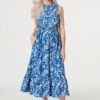 Floral High Neck Shirred Midi Dress -Hallmark Style D169232 NAVY 1
