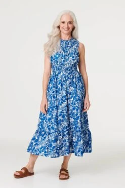 Floral High Neck Shirred Midi Dress -Hallmark Style D169232 NAVY 2