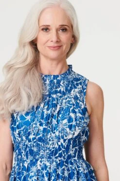 Floral High Neck Shirred Midi Dress -Hallmark Style D169232 NAVY 4