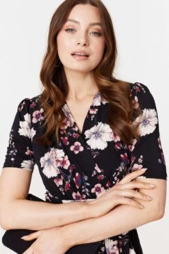 Floral 1/2 Sleeved Midi Dress -Hallmark Style D169249 MULTI BLACK 3