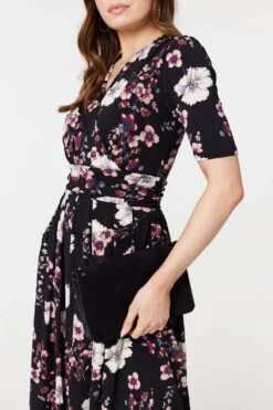 Floral 1/2 Sleeved Midi Dress -Hallmark Style D169249 MULTI BLACK 4