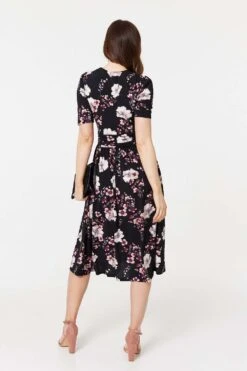 Floral 1/2 Sleeved Midi Dress -Hallmark Style D169249 MULTI BLACK 5