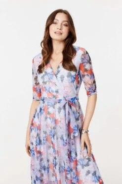 Floral Semi Sheer Layered Midi Dress 11 Floral Semi Sheer Layered Midi Dress -Hallmark Style D169266 MULTI BLUE 3