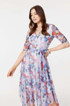Floral Semi Sheer Layered Midi Dress 15 Floral Semi Sheer Layered Midi Dress -Hallmark Style D169266 MULTI BLUE 4