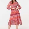 Floral Long Puff Sleeve Smock Dress -Hallmark Style D169269 MULTI RED 2