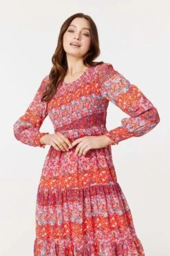Floral Long Puff Sleeve Smock Dress -Hallmark Style D169269 MULTI RED 4