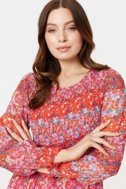 Floral Long Puff Sleeve Smock Dress -Hallmark Style D169269 MULTI RED 5