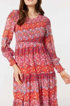 Floral Long Puff Sleeve Smock Dress -Hallmark Style D169269 MULTI RED 6